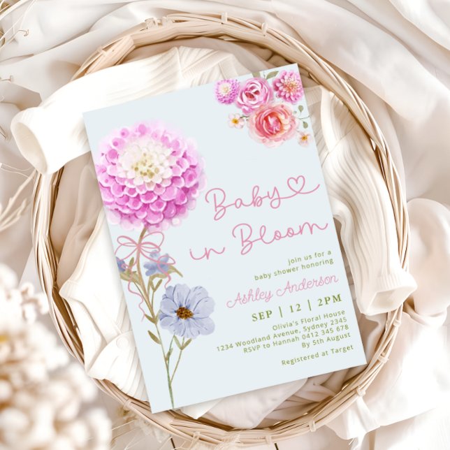 Invitation Bébé en Fleur Baby shower bleu cou rose (Créateur téléchargé)