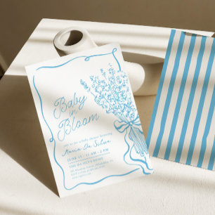 Invitation Bébé en Fleur Baby Shower Bleu Dessiné à la Main