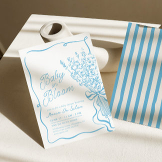 Invitation Bébé en Fleur | Baby Shower Bleu Dessiné à la Main