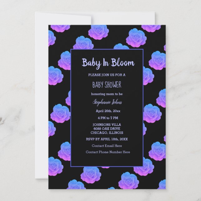 Invitation Bébé En Fleur Baby shower Bleu Violet Rose Noir (Devant)