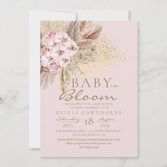 Invitation Bébé en fleur Baby shower Boho rose pâle (Devant)