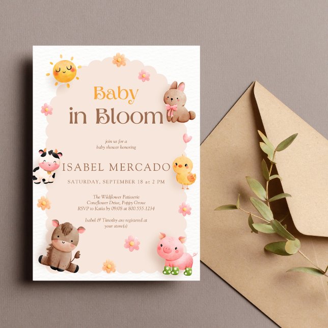 Invitation Bébé en fleur Baby shower d'animaux de ferme (Créateur téléchargé)