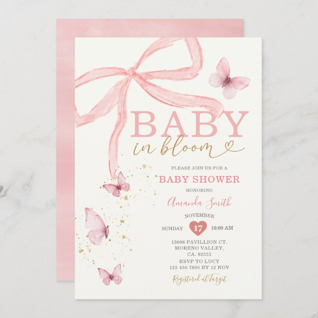 Invitation Bébé en fleur Baby shower de fille de la cou rose (Devant / Derrière)