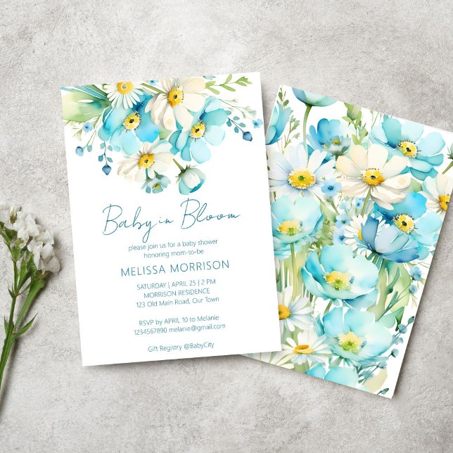 Invitation Bébé en fleur baby shower de fleurs d'été du print (Baby in bloom spring summer flowers baby shower template invitation digital download blue daisies)