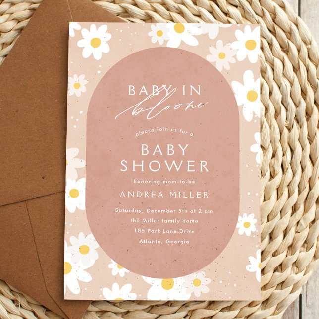 Invitation Bébé en fleur Baby shower de marguerites rétro ("baby in bloom" baby shower invitation with daisies)