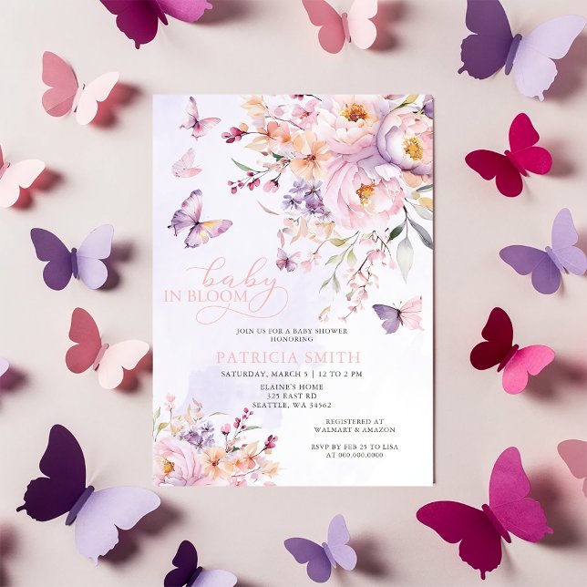 Invitation Bébé en fleur Baby shower de papillons rose pourpr (Baby in Bloom Pink Purple Butterflies Baby Shower Invitation)