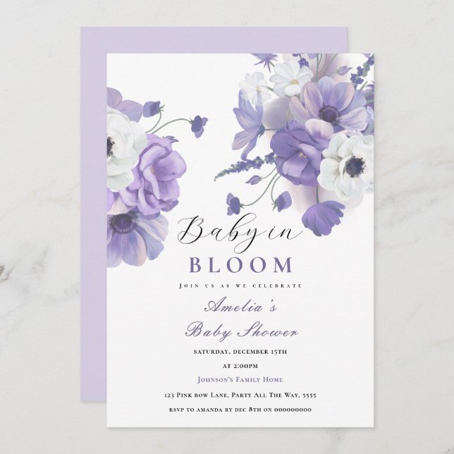 Invitation Bébé en Fleur Baby shower Élégant Flore pourpre (Devant / Derrière)
