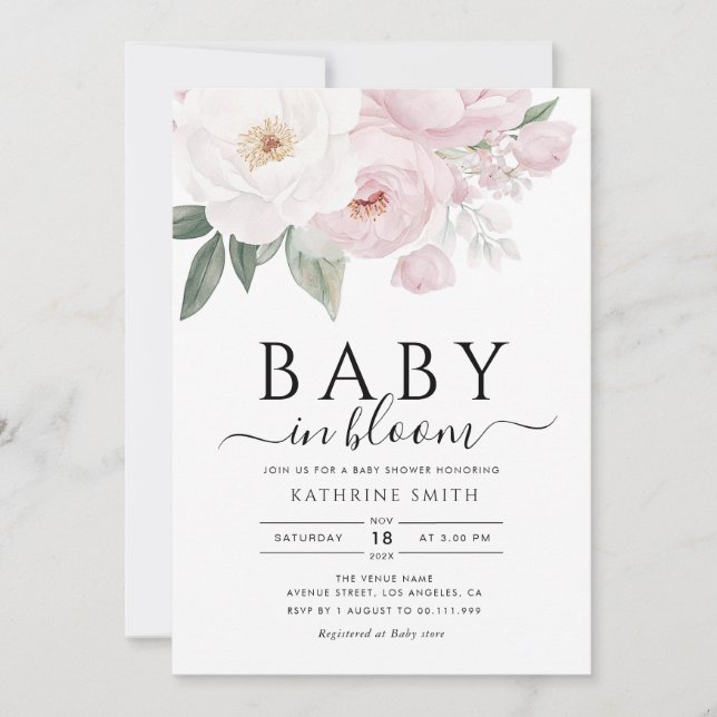 Invitation bébé en fleur baby shower fleuri rose (Devant)