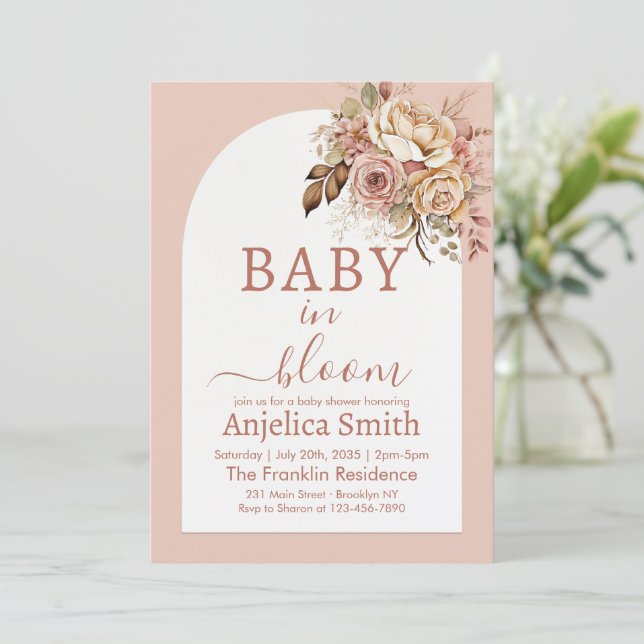 Invitation Bébé en fleur Baby shower floral brun printemps (Debout devant)