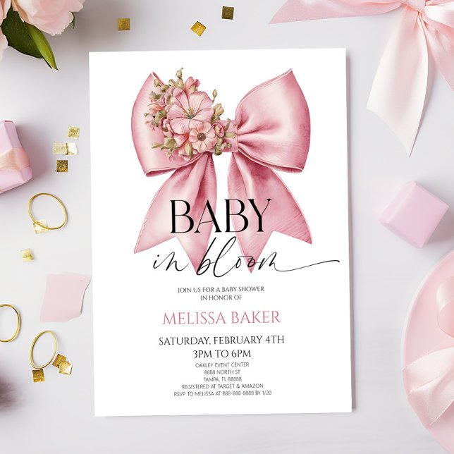 Invitation Bébé En Fleur Baby shower Floral Rose Bow (Créateur téléchargé)