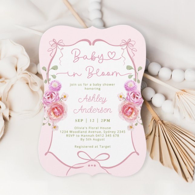 Invitation Bébé en fleur Baby shower floral rose Bow (Créateur téléchargé)