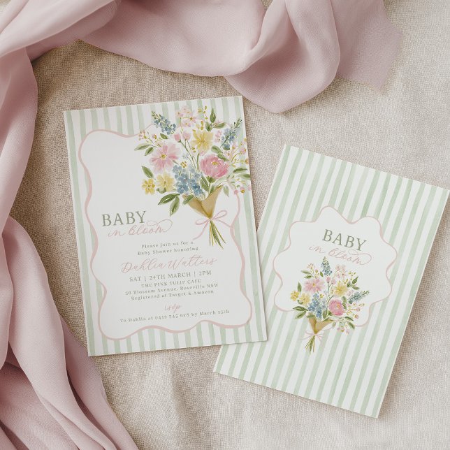 Invitation Bébé en Fleur Baby Shower Floral Vert Rose (Baby In bloom baby shower invitation in green and pink with flowers)