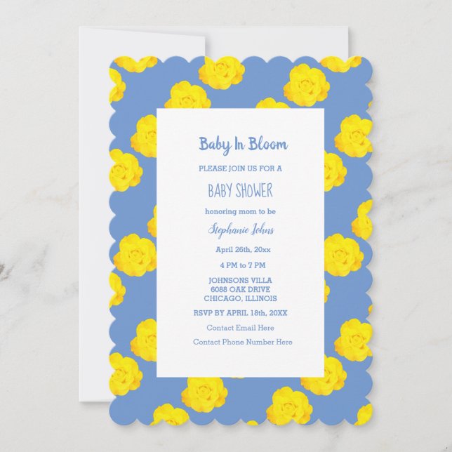 Invitation Bébé En Fleur Baby shower Jaune Cornflower Bleu (Devant)