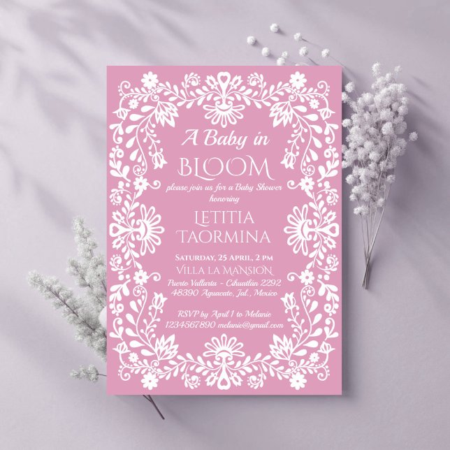 Invitation Bébé en fleur baby shower mexicain rose pâle (Baby in bloom dusty pink Mexican baby shower Invitation cards template pink baby girl invites)
