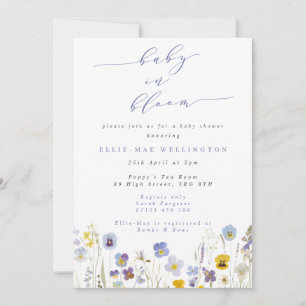 Invitation Bébé en Fleur Baby shower Pansies bleu et jaune