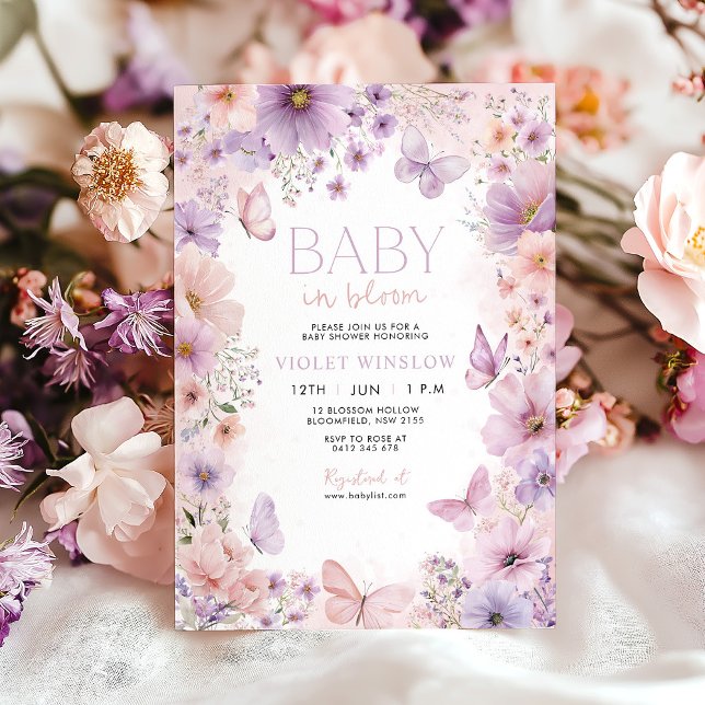 Invitation Bébé en Fleur Baby shower Papillon Floral Purple (Pink Purple Baby in Bloom Baby Shower Invitation with flowers and butterflies)