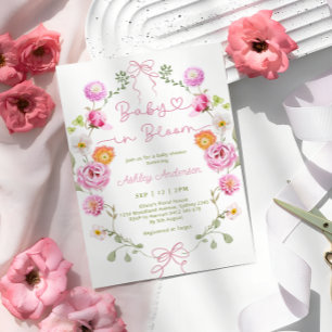 Invitation Bébé en Fleur Baby shower rose floral Bow
