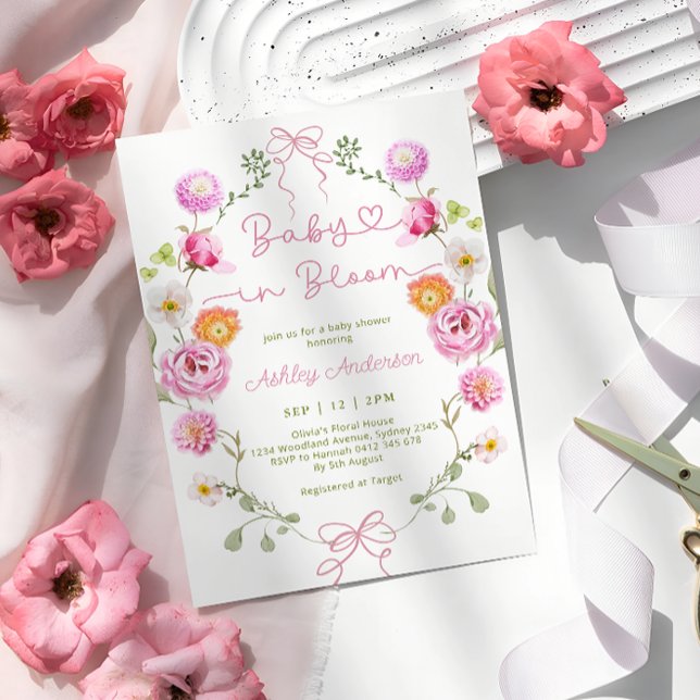 Invitation Bébé en Fleur Baby shower rose floral Bow (Créateur téléchargé)