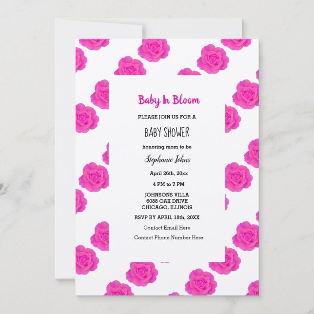Invitation Bébé En Fleur Baby shower Rose Floral Roses Argent (Devant)