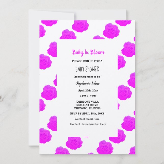 Invitation Bébé En Fleur Baby shower Rose violet Roses Argent (Devant)