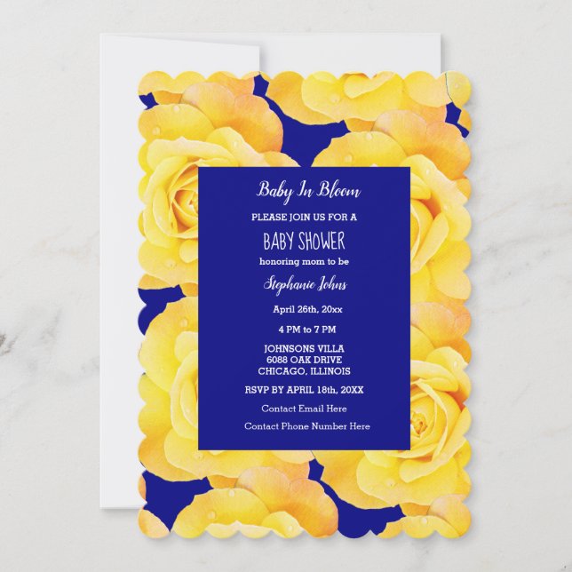 Invitation Bébé en fleur Baby shower Roses Jaunes Marine Bleu (Devant)