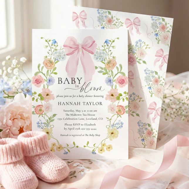 Invitation Bébé en Fleur Baby Shower Ruban Rose (Créateur téléchargé)