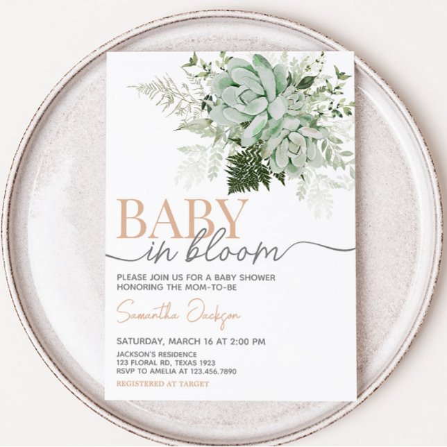 Invitation Bébé en fleur Baby shower Succulent (Succulents Gender Neutral Baby Shower Invitation)