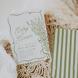 Invitation Bébé en Fleur Baby Shower Vert Dessiné à la Main