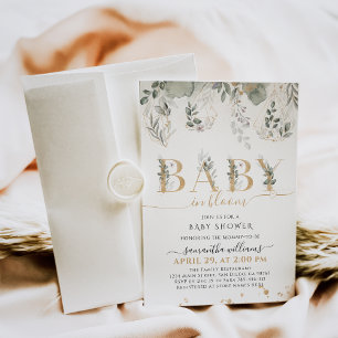 Invitation Bébé en fleur Baby shower vert & or