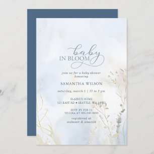 Invitation Bébé en Fleur bleu Baby shower Floral Garçon