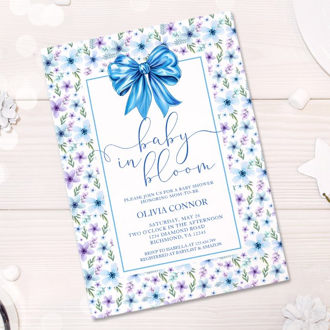 Invitation Bébé en Fleur Bleu Bow Baby shower Floral (Créateur téléchargé)