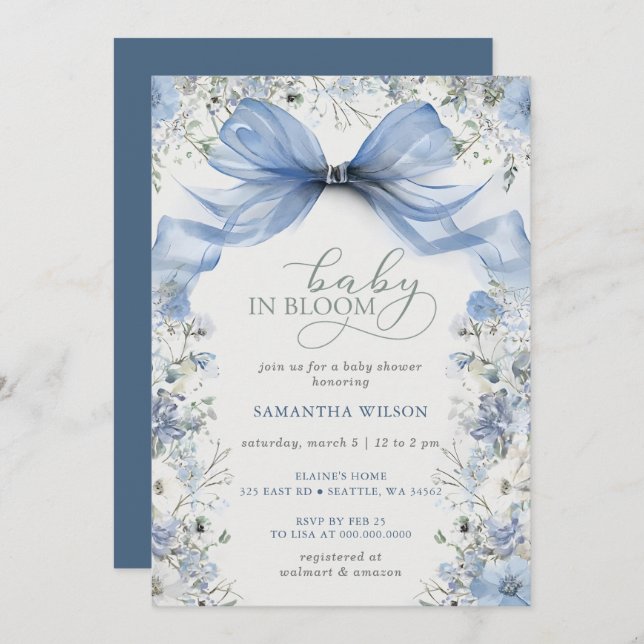 Invitation Bébé en Fleur Bleu Bow Floral Boy Baby shower (Devant / Derrière)