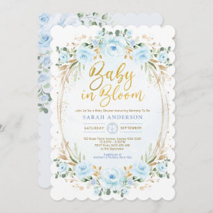 Invitation Bébé en Fleur Bleu doux Or Floral Douche garçon