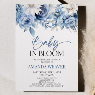 Invitation Bébé En Fleur Bleu Dusty Baby shower Floral