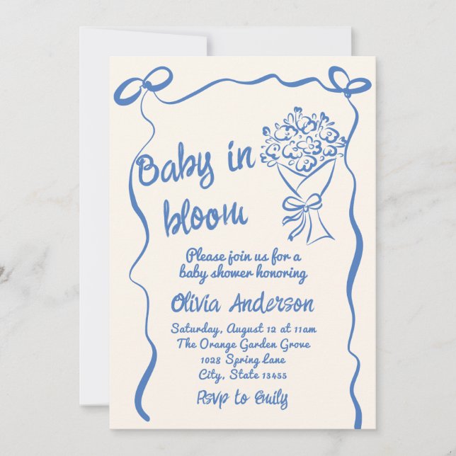 Invitation Bébé en Fleur Bleue Fleur Dessinée Douche Bouquet (Devant)
