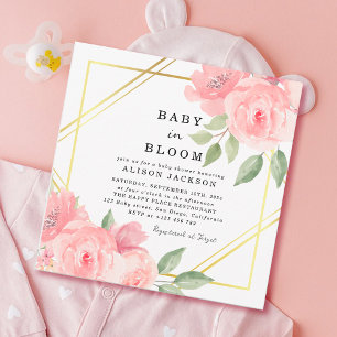 Invitation Bébé en Fleur Blush Baby shower Floral Rose or
