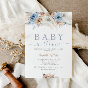 Invitation bébé en fleur boho floral bleu poussiéreux baby sh