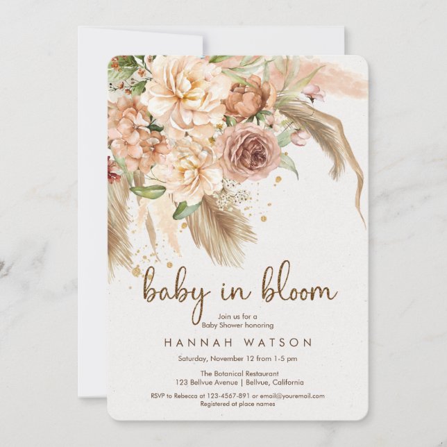 Invitation Bébé en fleur boho pampas herbe baby shower fille (Devant)