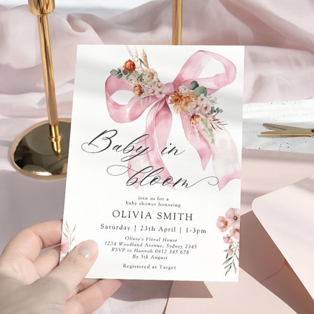 Invitation Bébé en Fleur Bow rose Baby shower floral (Créateur téléchargé)