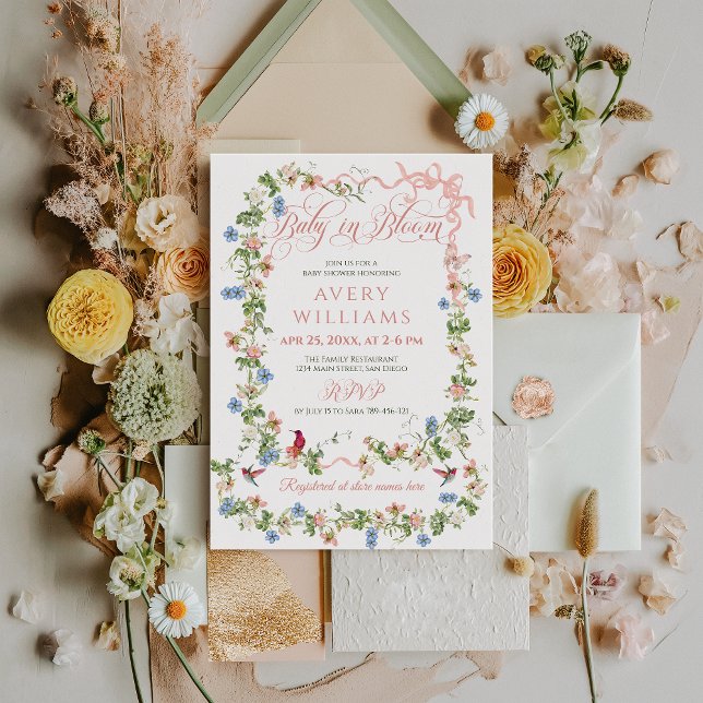 Invitation Bébé en Fleur Bow rose Baby shower Floral Fille (Créateur téléchargé)