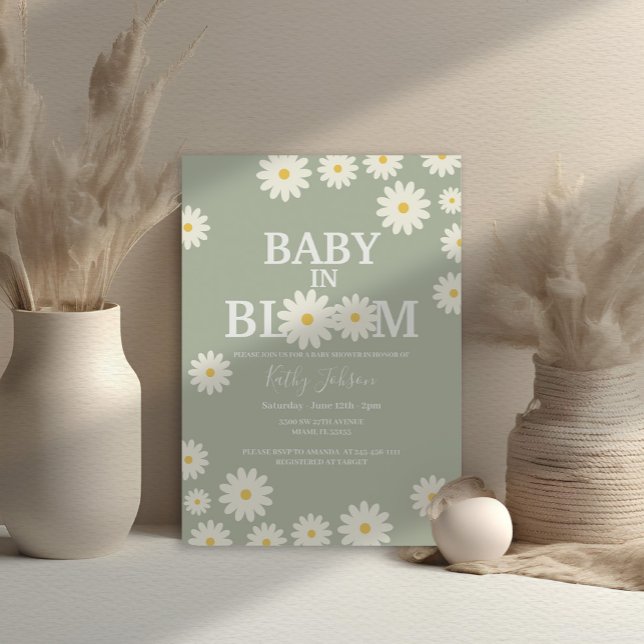 Invitation Bébé en Fleur Daisy Baby shower vert olive (Créateur téléchargé)