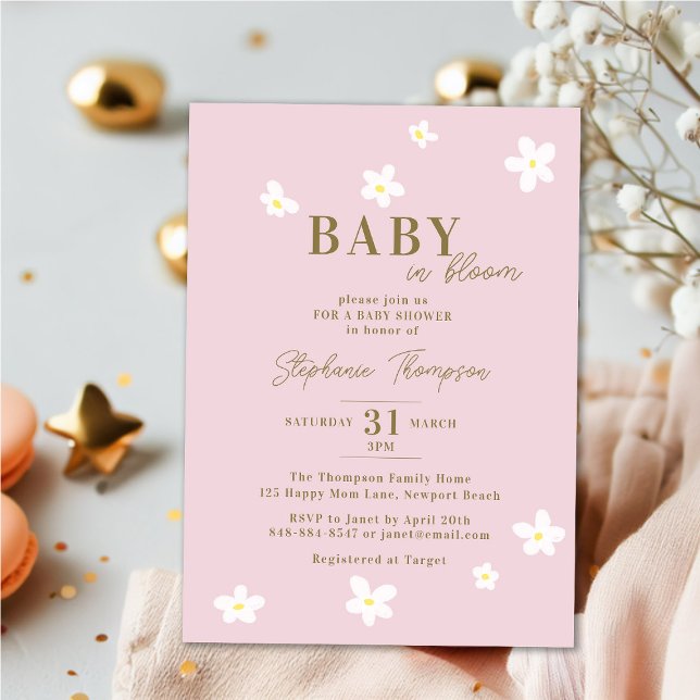 Invitation Bébé en Fleur Daisy Printemps Boho rose Fille Douc (Créateur téléchargé)