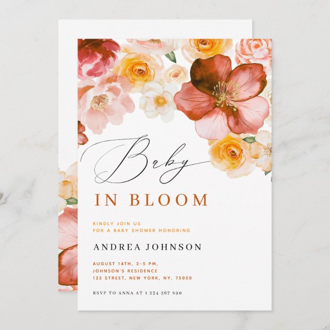 Invitation Bébé en Fleur d'automne chic Baby shower fille (Devant / Derrière)