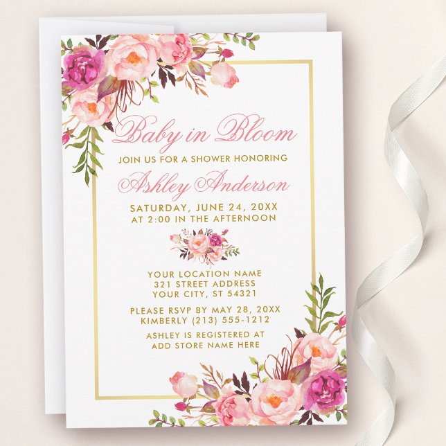 Invitation Bébé En Fleur Douche Or Rose Blush Floral (Customize to change text color, size or text style.)