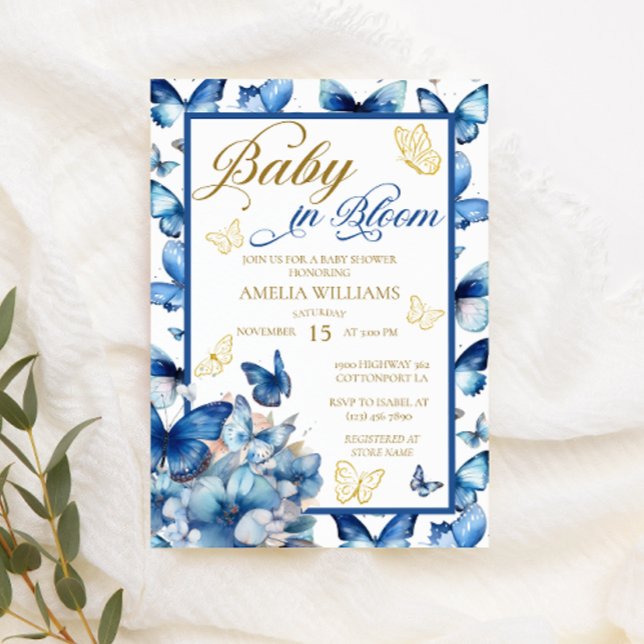 Invitation Bébé en Fleur Douche Papillon Bleu Doré Floral (Créateur téléchargé)