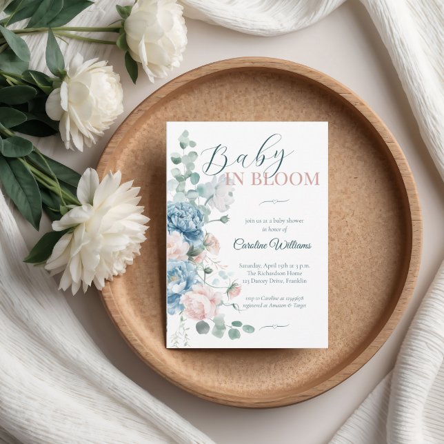 Invitation Bébé en fleur Dusty Baby shower bleu (Créateur téléchargé)