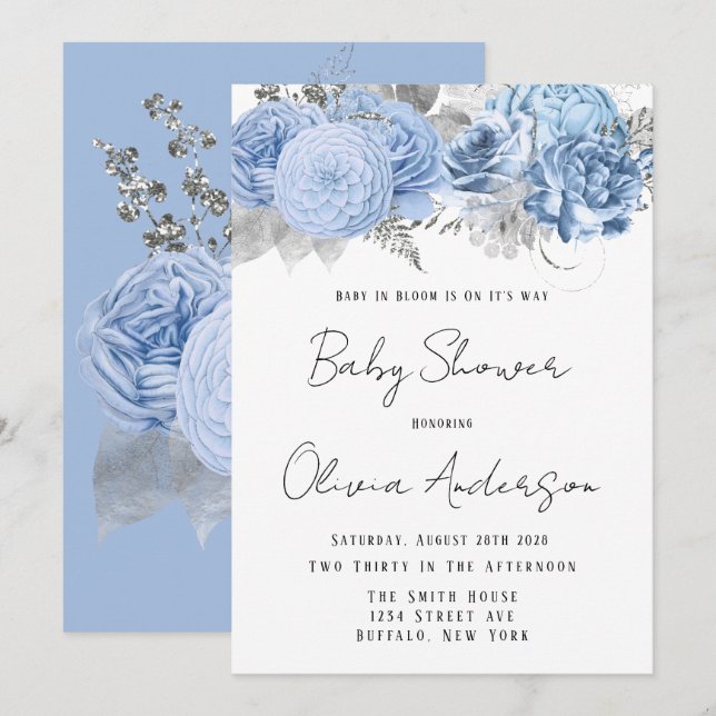 Invitation Bébé en fleur Dusty Baby shower bleu pivoine (Devant / Derrière)
