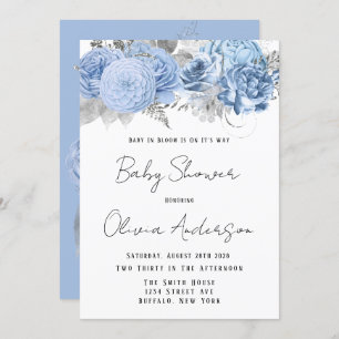 Invitation Bébé en fleur Dusty Baby shower bleu pivoine