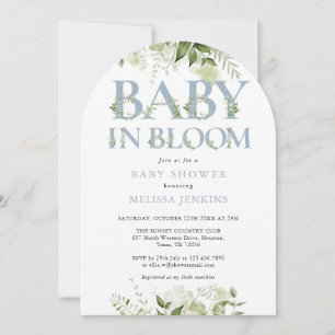 Invitation Bébé en fleur Dusty Baby shower bleu verdure