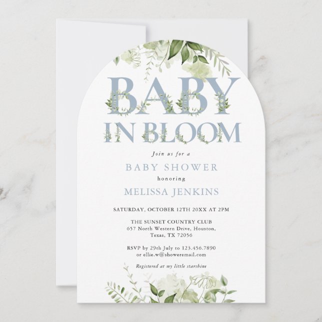 Invitation Bébé en fleur Dusty Baby shower bleu verdure (Devant)